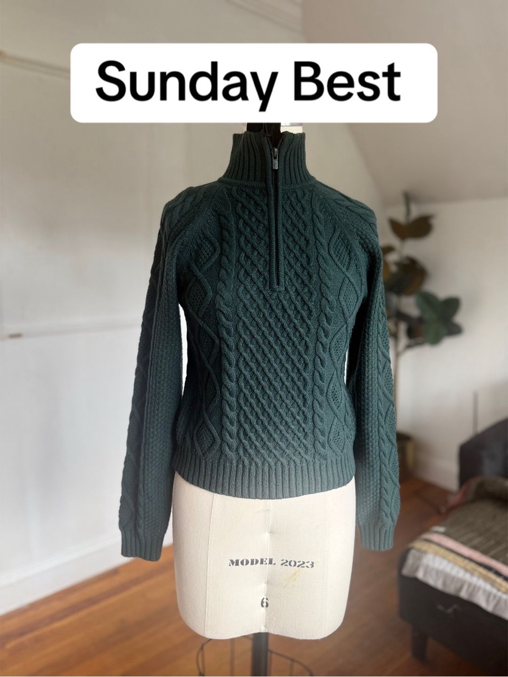 Aritzia Dark Green Cable-Knit Half-Zip Sweater - Picture 1 of 8